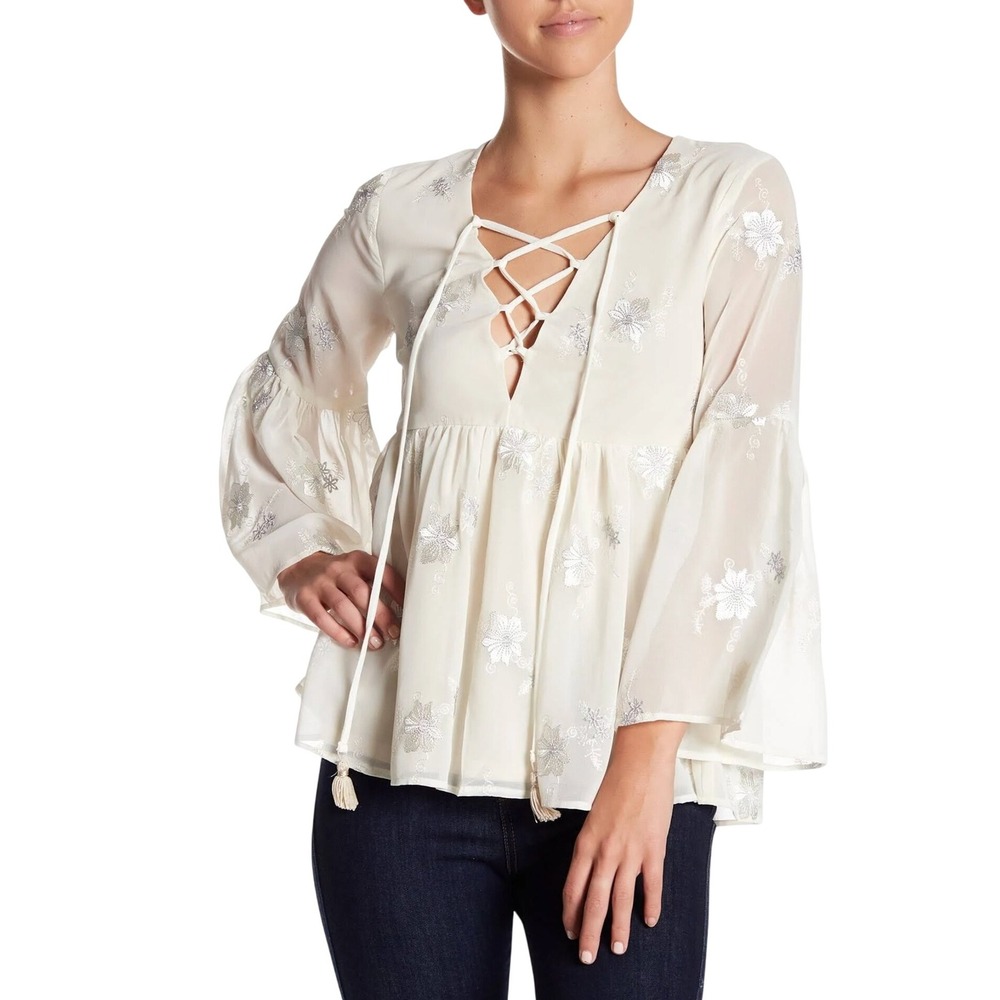 Show Me Your Mumu Floral Embroidered Lace Top‎ Bell Sleeve Peasant Boho Coquette